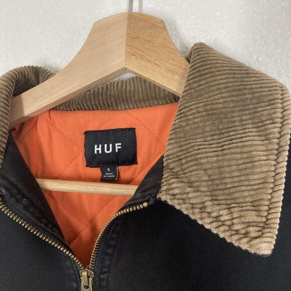 HUF Barlow Jacket  Mens S Black Corduroy Collar Quilted Lined Worldwide Zip Up - Picture 13 of 16